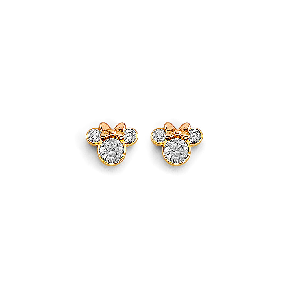 14K Two-Tone Mouse CZ Stud Earrings (Screw Back)