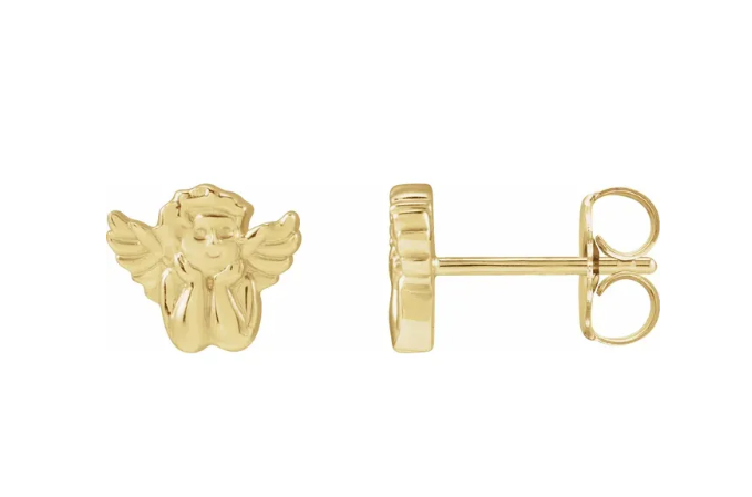 Cherub Angel Stud Earrings – Solid 14K Yellow, White, or Rose Gold