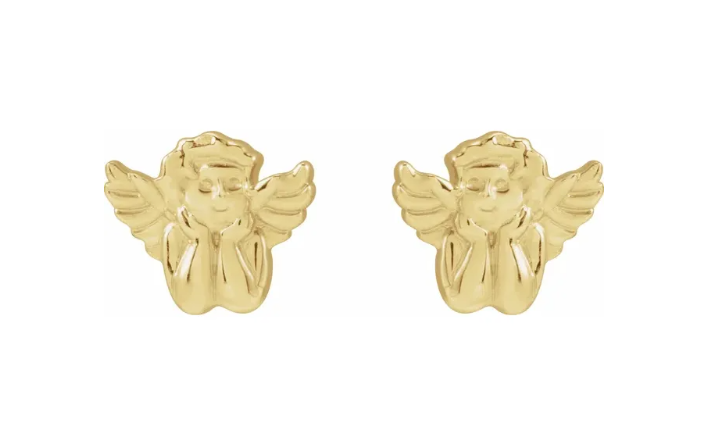 Cherub Angel Stud Earrings – Solid 14K Yellow, White, or Rose Gold