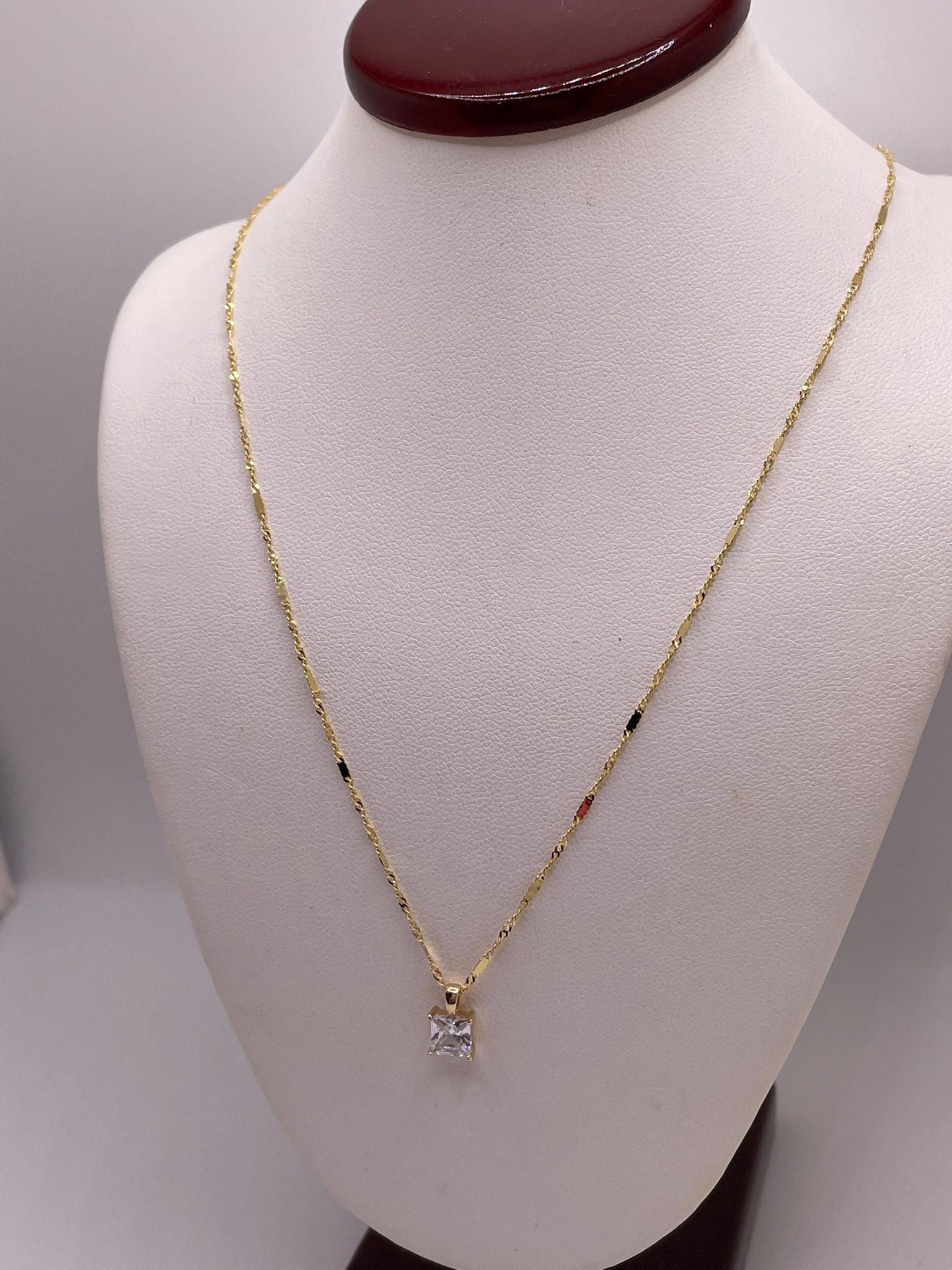 14K Gold 16" Singapore Bar Chain with Square CZ Pendant