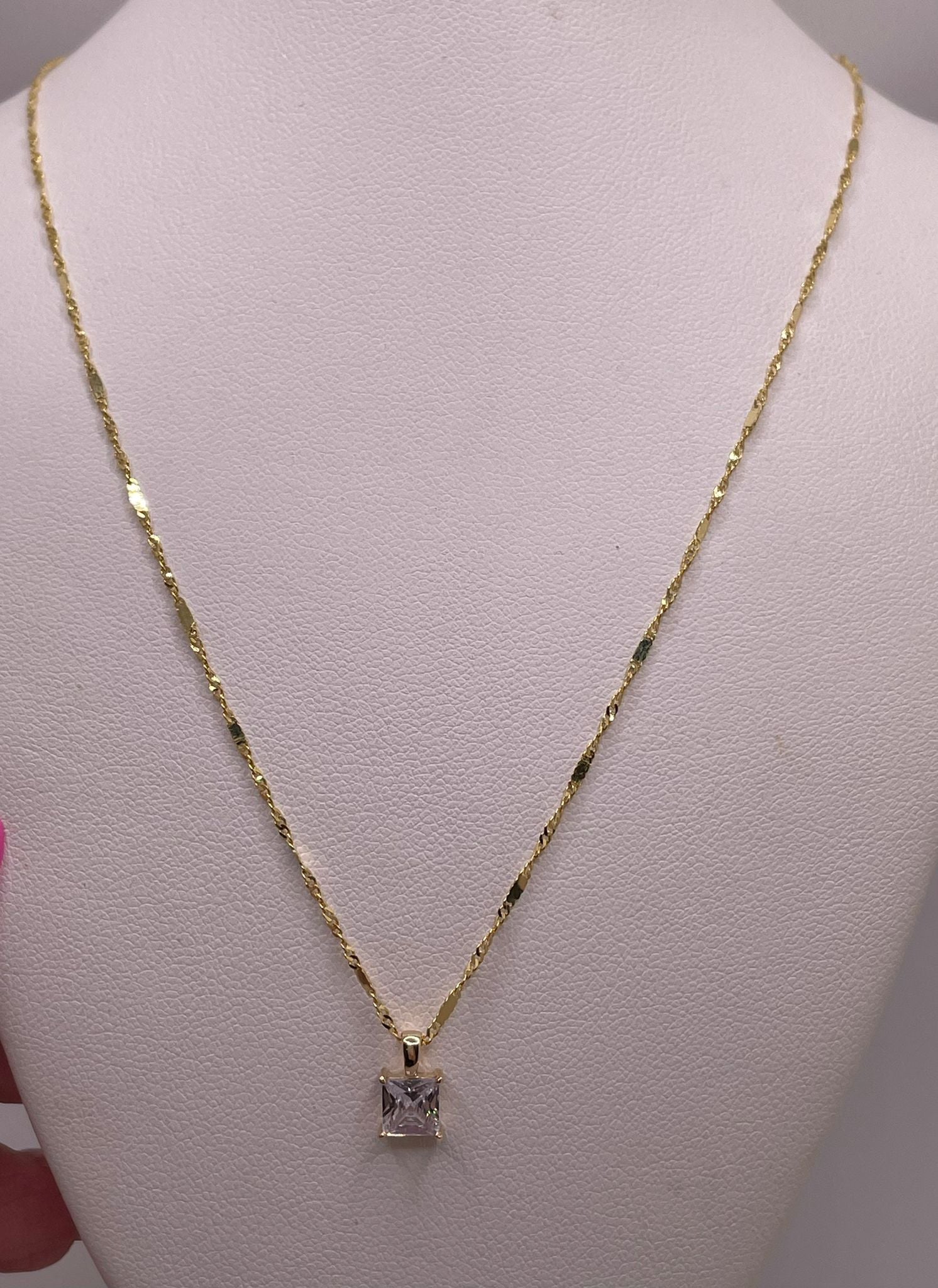 14K Gold 16" Singapore Bar Chain with Square CZ Pendant