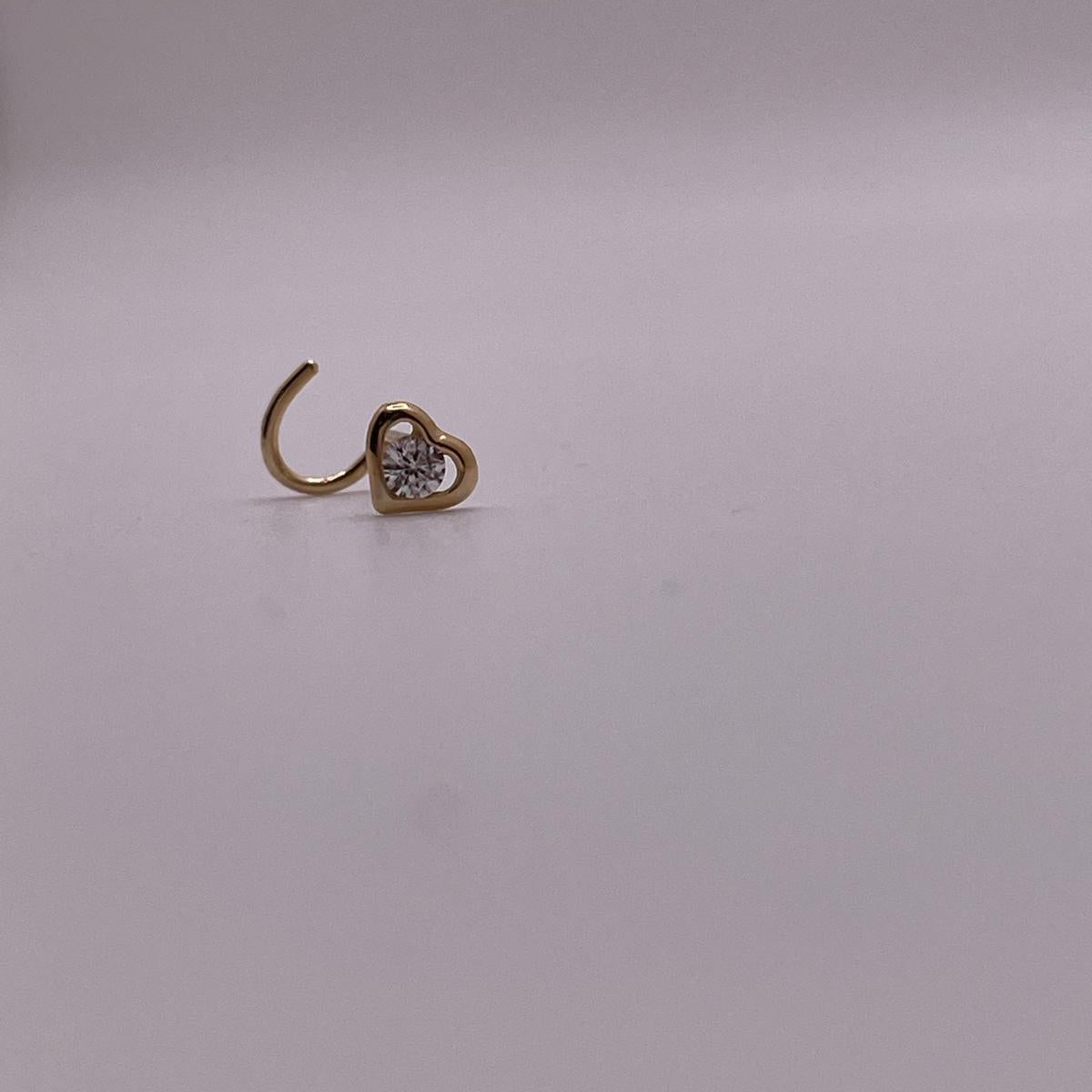 14K Gold Heart Outline Nose Screw with CZ Stone