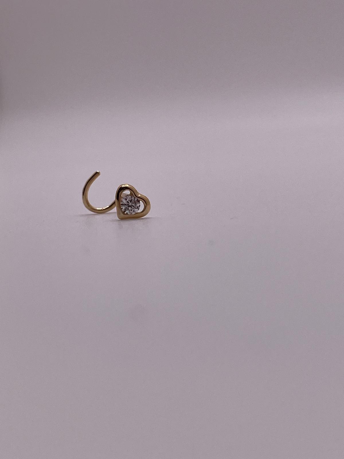14K Gold Heart Outline Nose Screw with CZ Stone