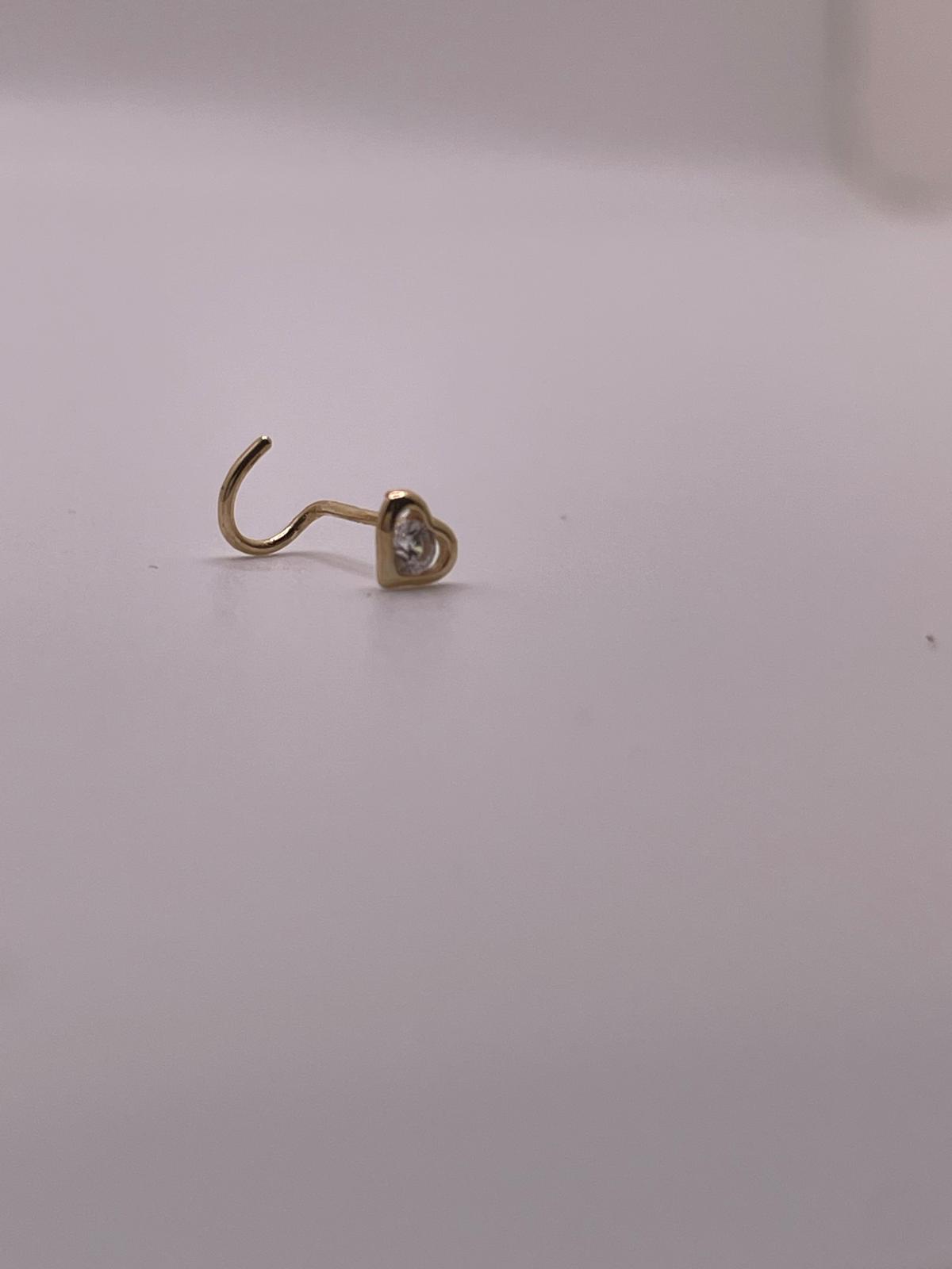 14K Gold Heart Outline Nose Screw with CZ Stone