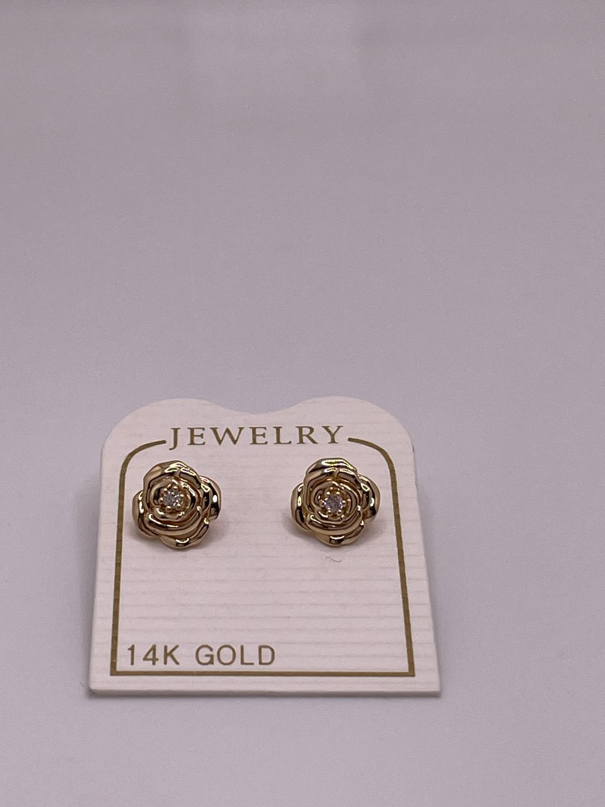 14K Gold Flower CZ Screwback Earrings
