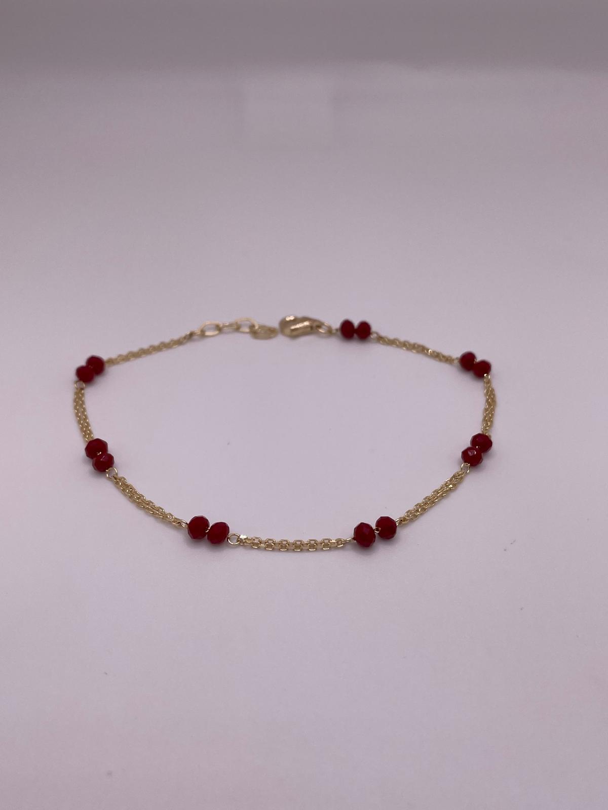 14K Gold Red Bead Chain Bracelet (7+1")