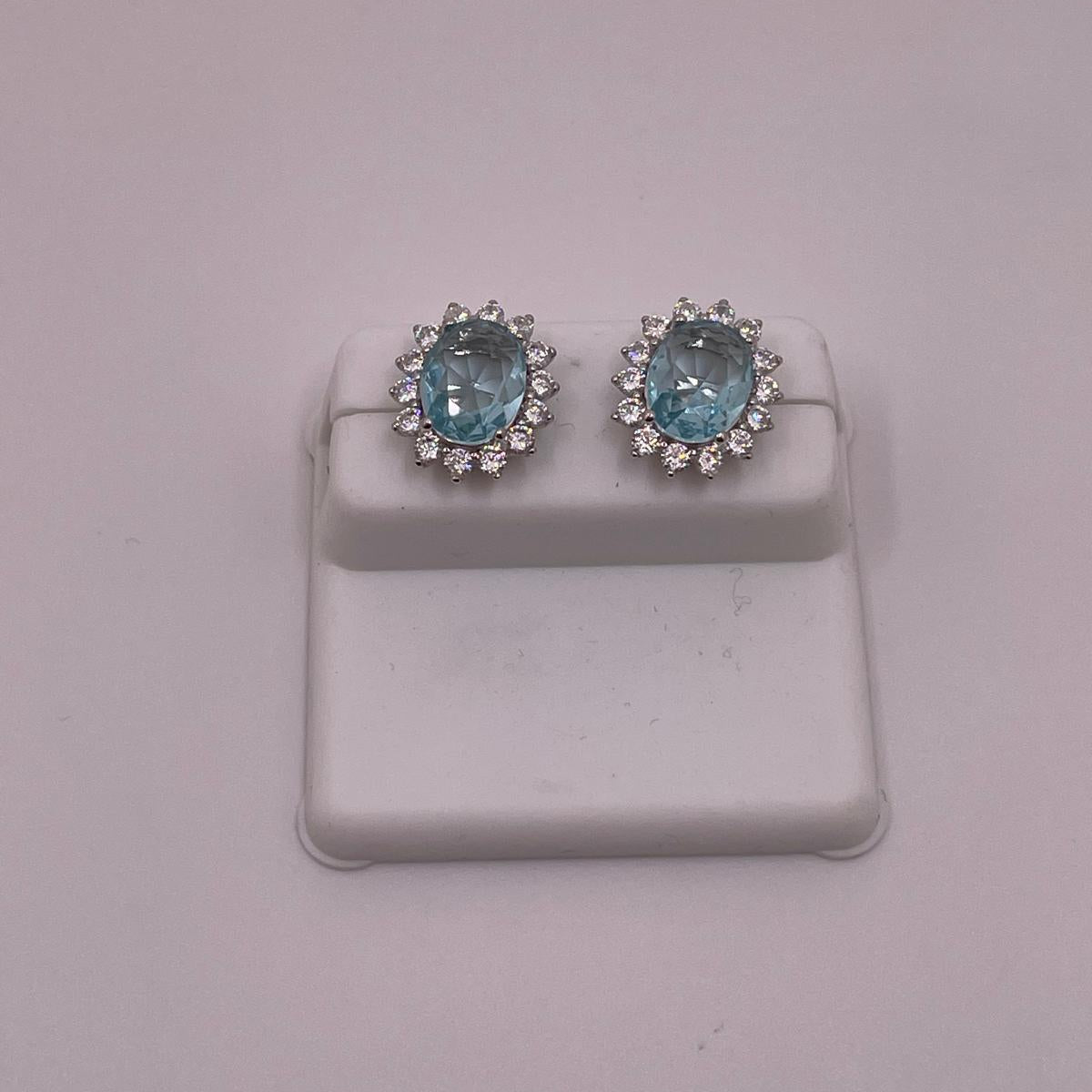 925 Sterling Silver Oval Blue CZ Halo Studs