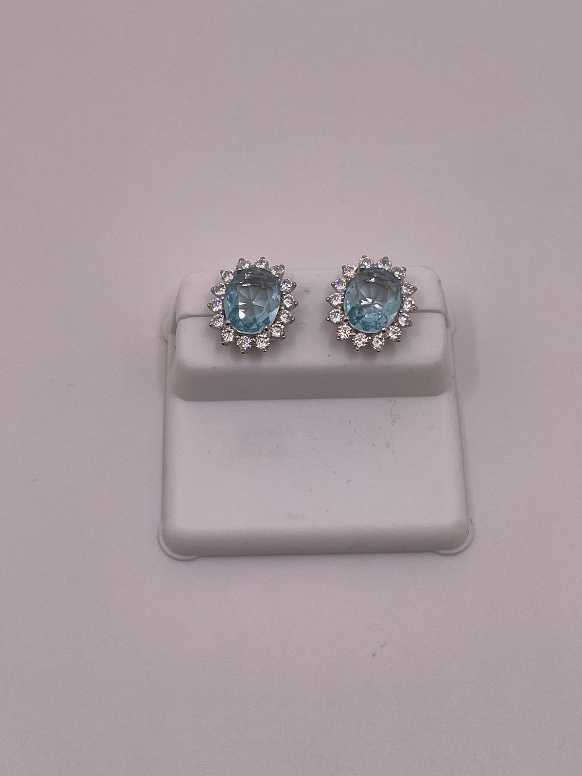 925 Sterling Silver Oval Blue CZ Halo Studs