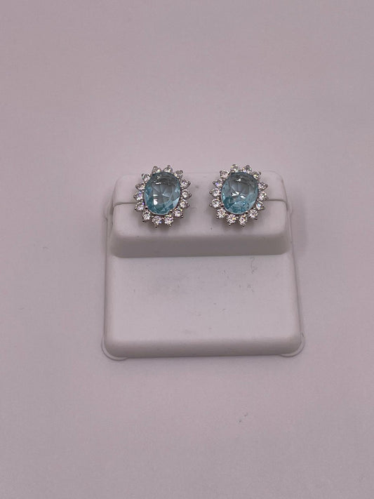 925 Sterling Silver Oval Blue CZ Halo Studs