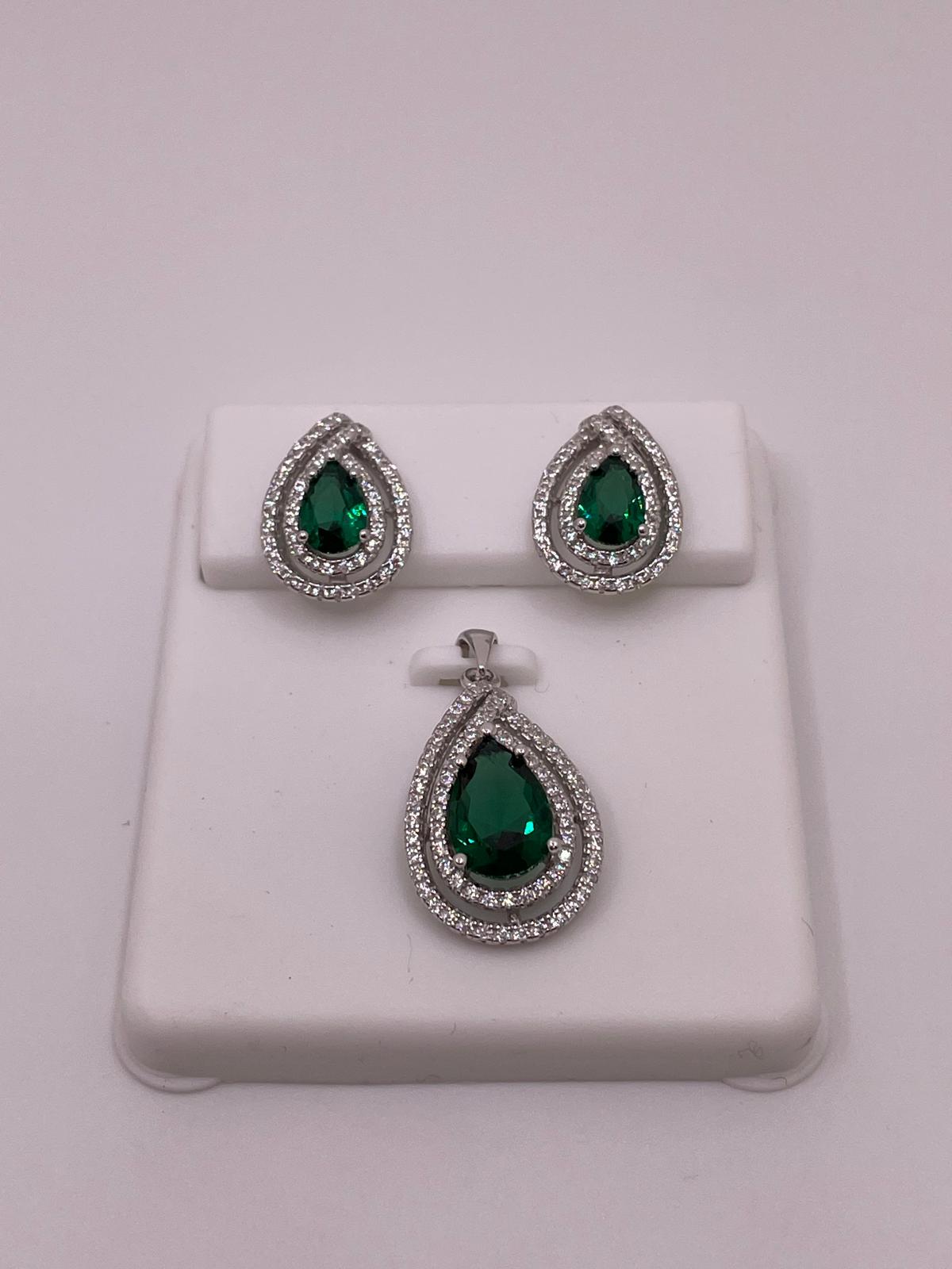 925 Sterling Silver Green CZ Teardrop Set