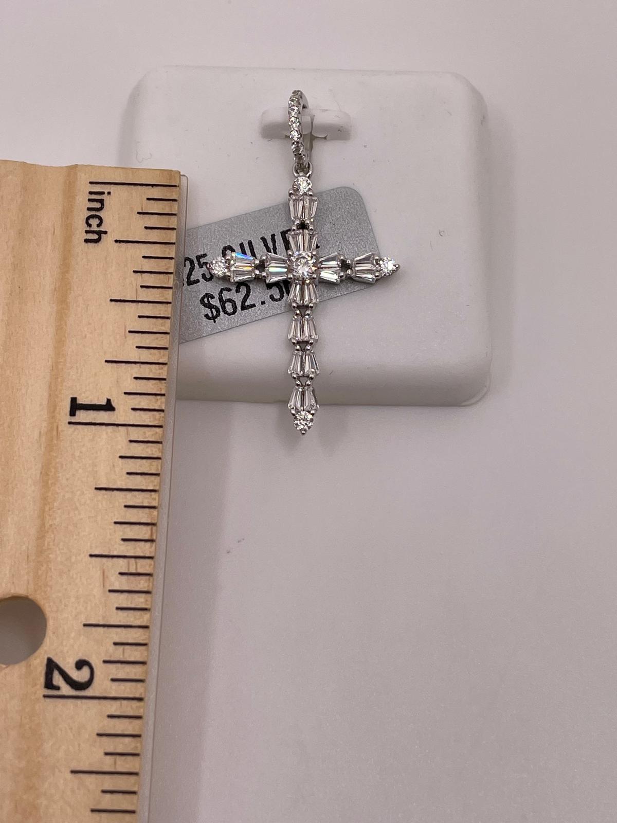 925 Sterling Silver Baguette CZ Cross Pendant