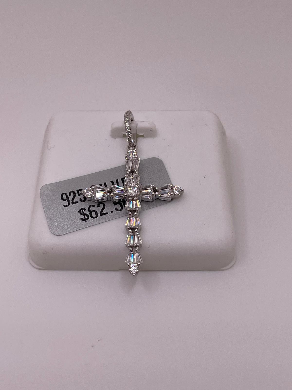 925 Sterling Silver Baguette CZ Cross Pendant