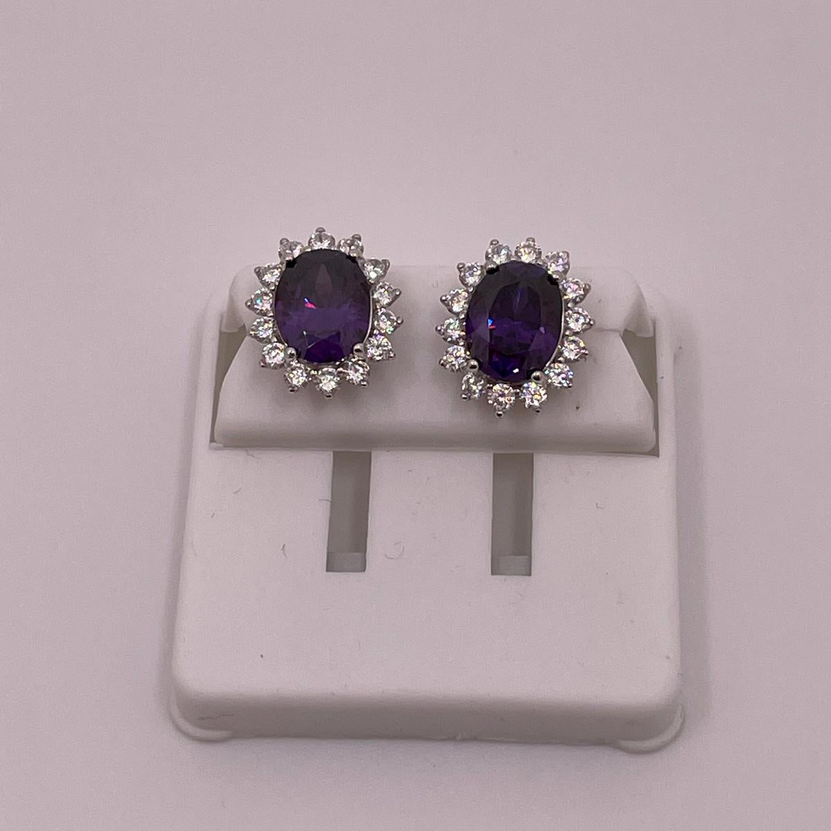 925 Sterling Silver Purple Oval CZ Halo Studs