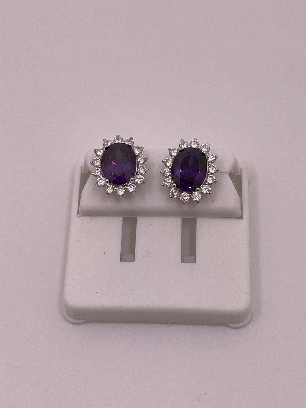 925 Sterling Silver Purple Oval CZ Halo Studs