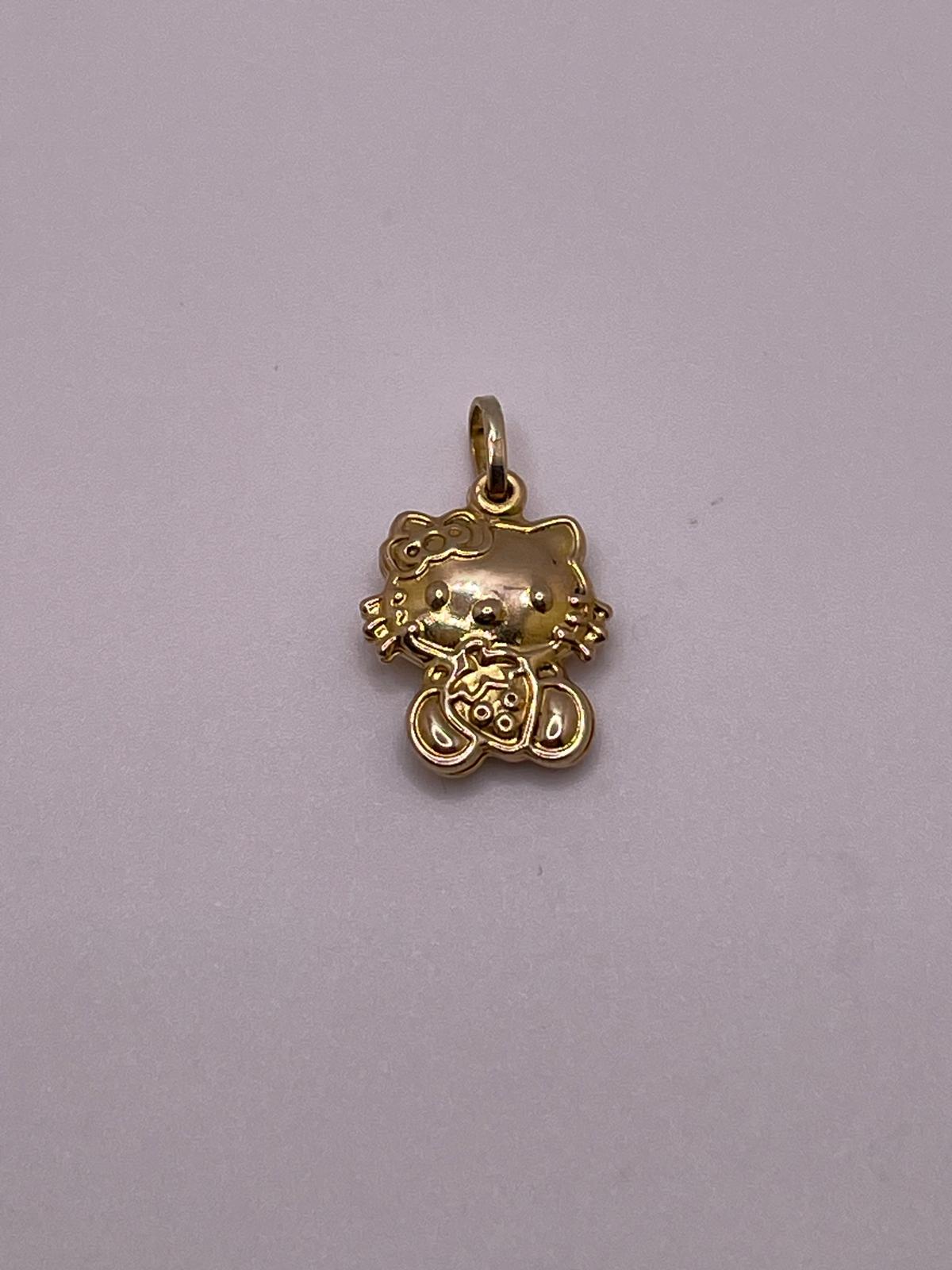 14K Gold 3D Hello Kitty Pendant - Sitting with Strawberry
