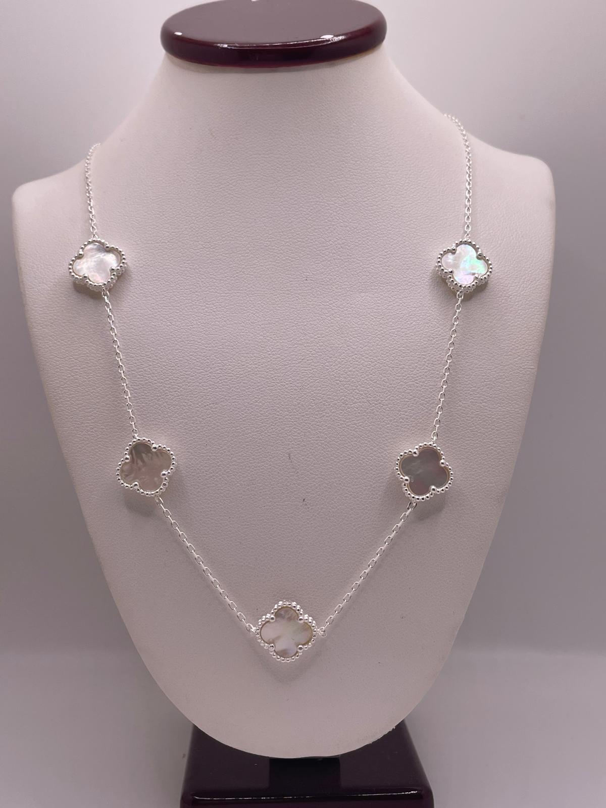925 Sterling Silver Clover Station Necklace – 17" Mother of Pearl