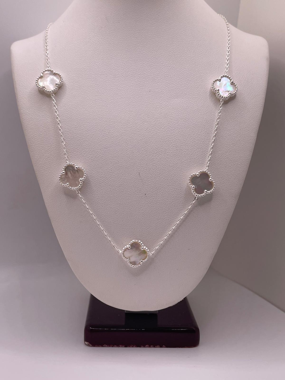 925 Sterling Silver Clover Station Necklace – 17" Mother of Pearl