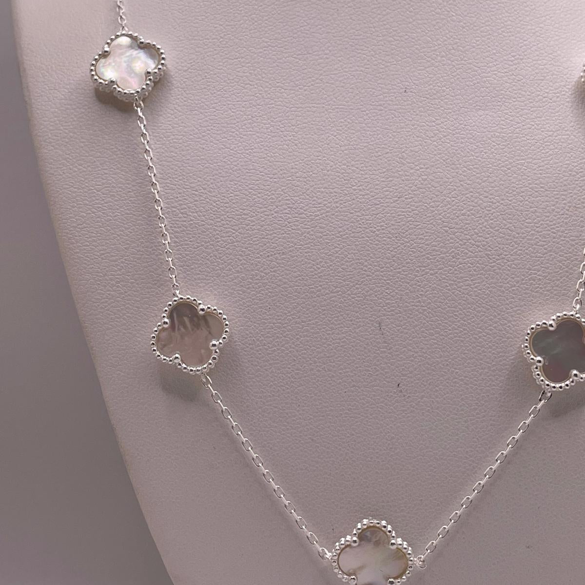 925 Sterling Silver Clover Station Necklace – 17" Mother of Pearl