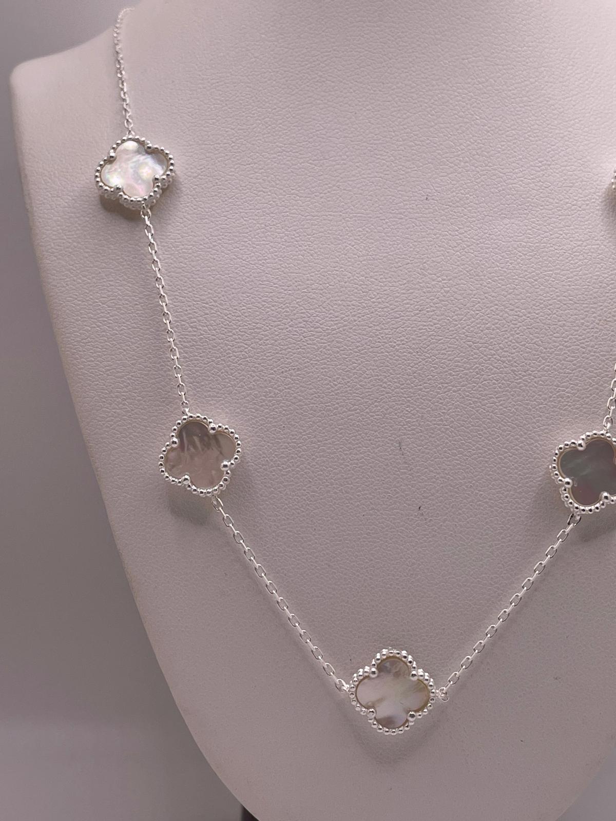 925 Sterling Silver Clover Station Necklace – 17" Mother of Pearl