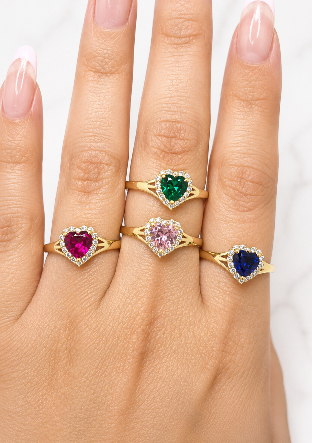 Anillo de oro macizo de 14 quilates con forma de corazón y circonita cúbica (rosa, verde, rojo, blanco)