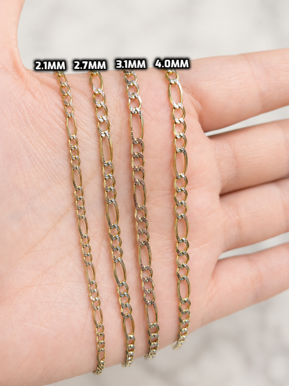 14K Solid Gold Diamond-Cut Figaro Chain – 3.1mm