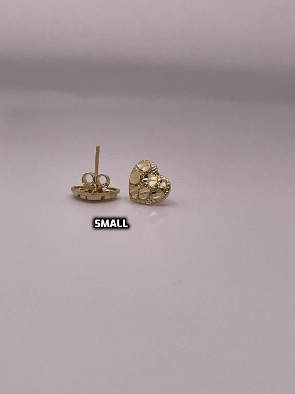10K Gold Nugget Heart Stud Earrings – Available in 4 Sizes