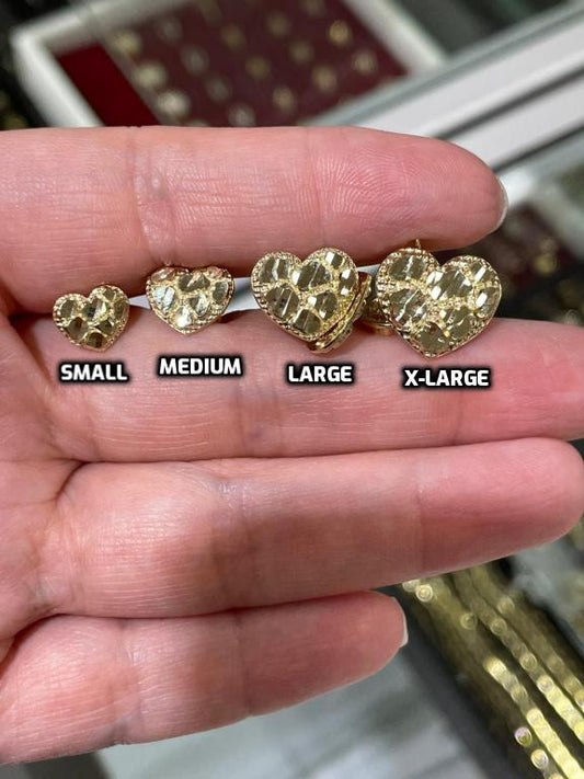 10K Gold Nugget Heart Stud Earrings – Available in 4 Sizes