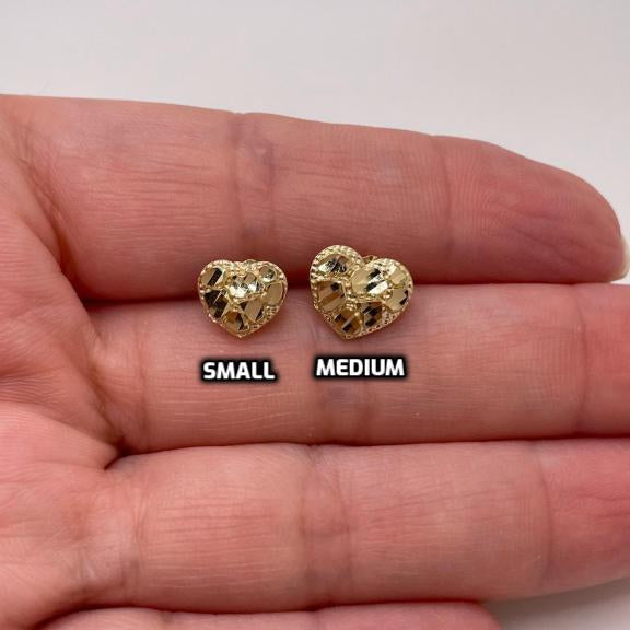 14K Gold Nugget Heart Stud Earrings – Small & Medium Sizes