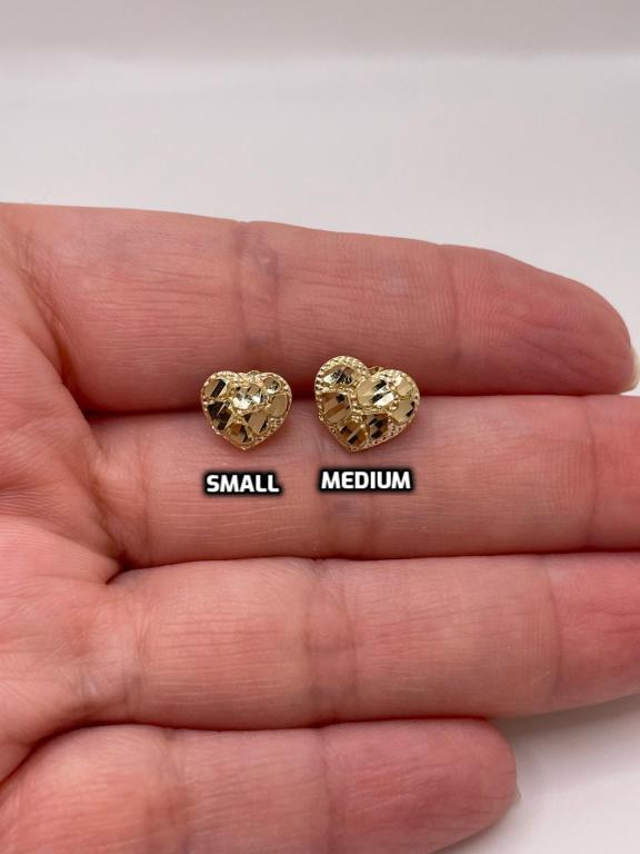 14K Gold Nugget Heart Stud Earrings – Small & Medium Sizes