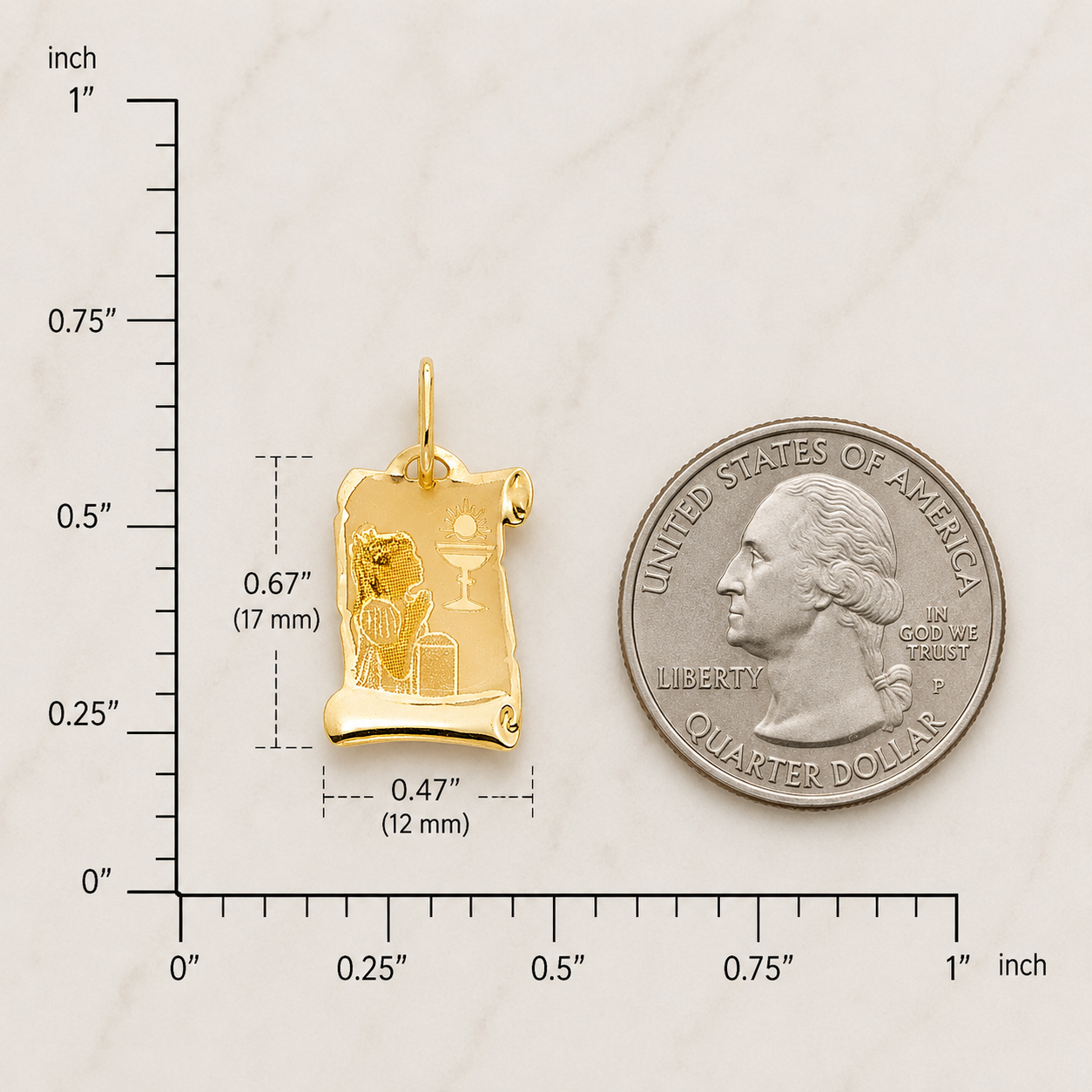 14K Gold Primera Comunión Scroll Pendant