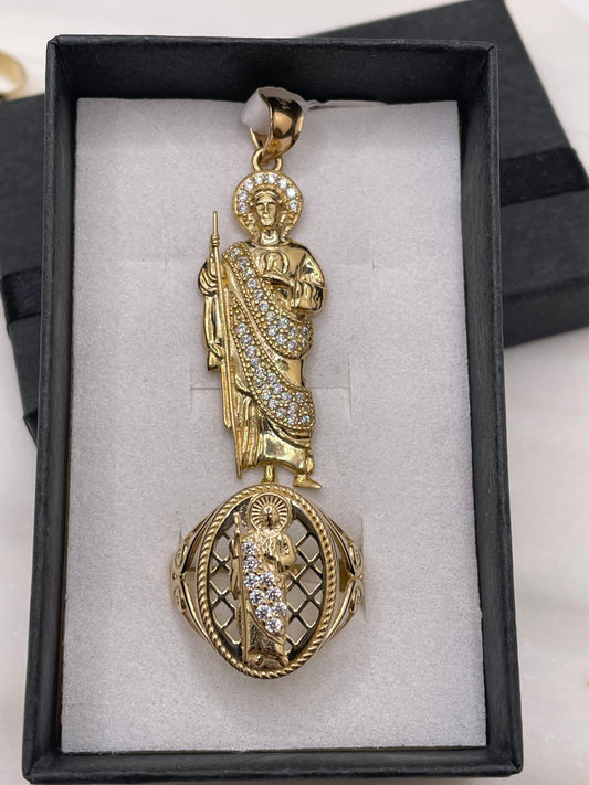 Juego de colgante y anillo de San Judas de oro macizo de 14 quilates con circonita cúbica