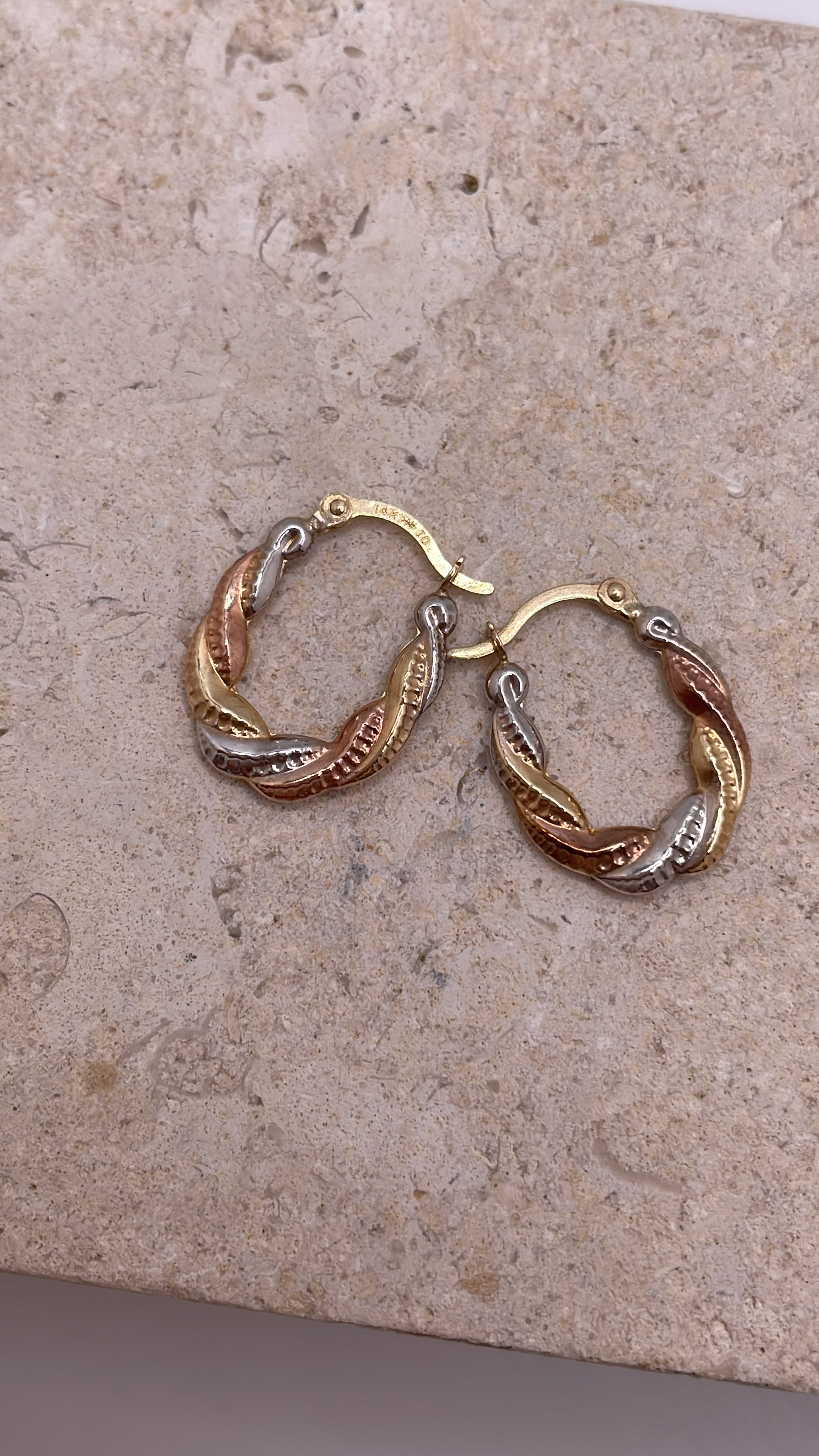 14k gold tri color hollow hoop earrings (048)