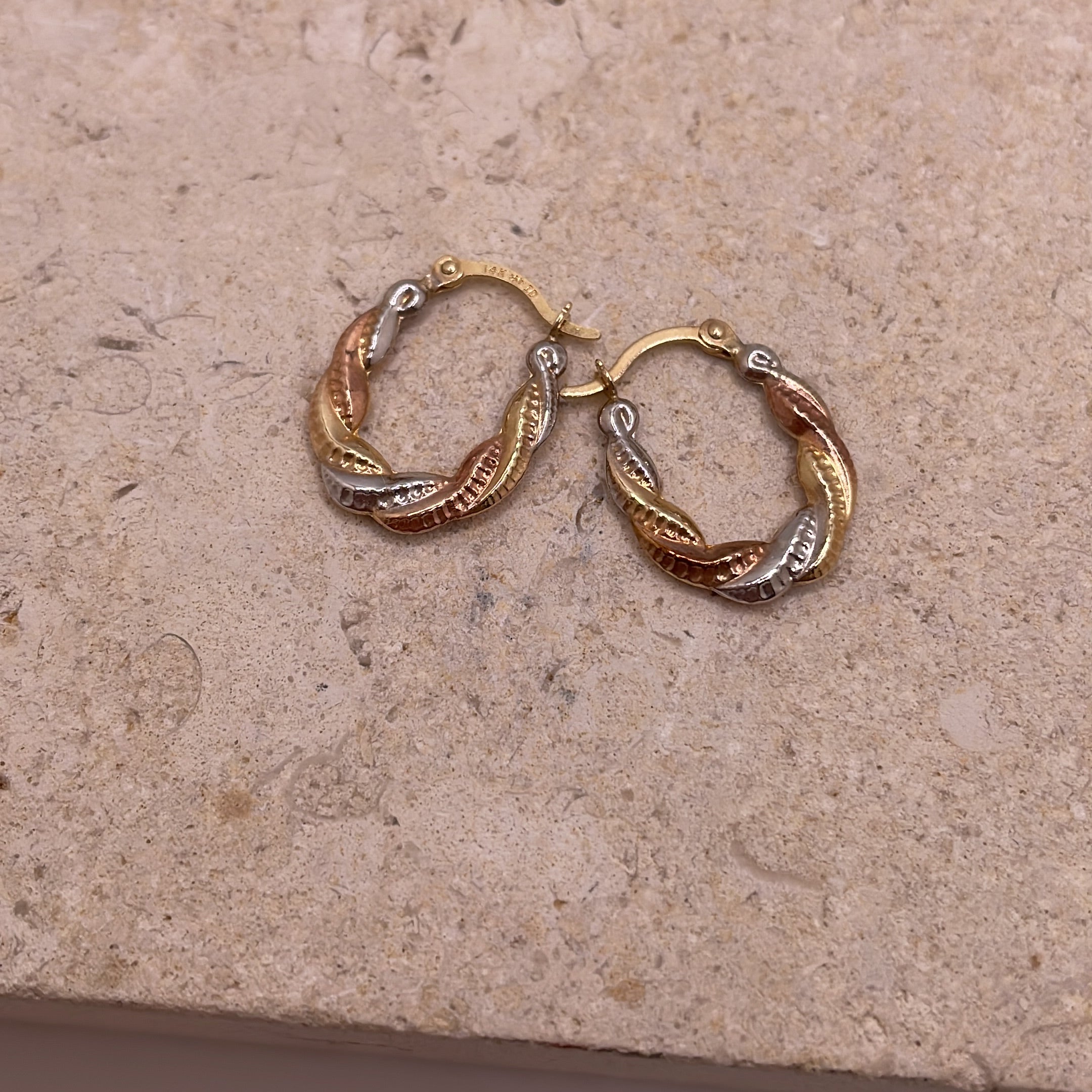 14K tri-color twisted hollow hoop earrings with textured design, 17mm height, lightweight and elegant