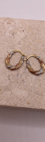 14K tri-color twisted hollow hoop earrings with textured design, 17mm height, lightweight and elegant