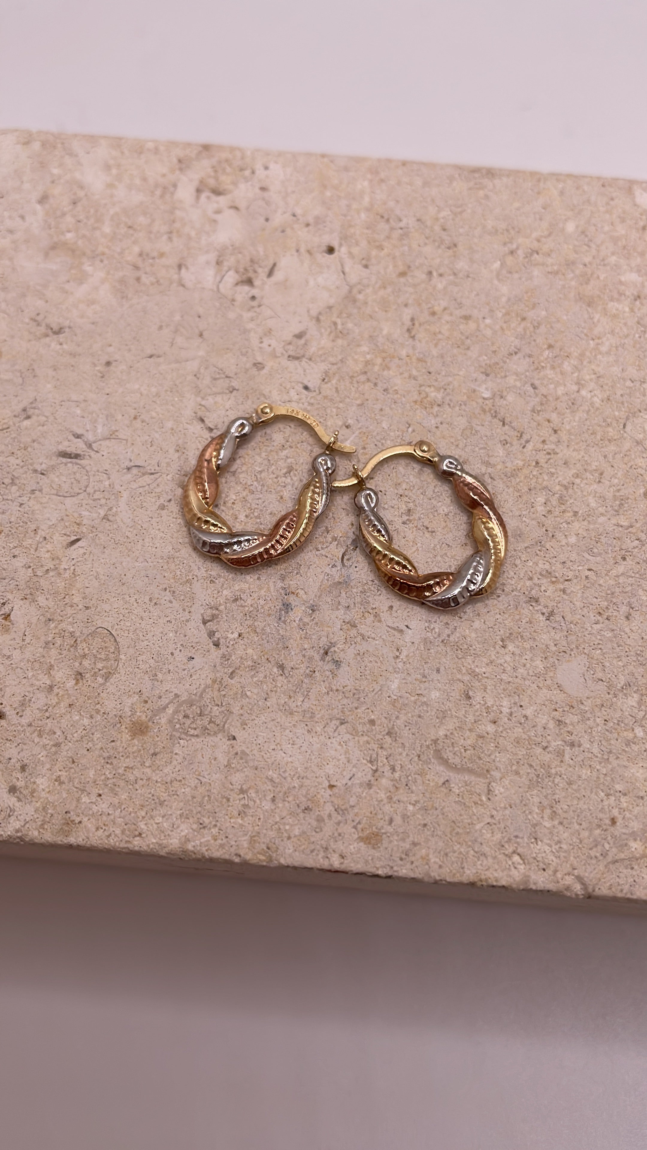 14K tri-color twisted hollow hoop earrings with textured design, 17mm height, lightweight and elegant