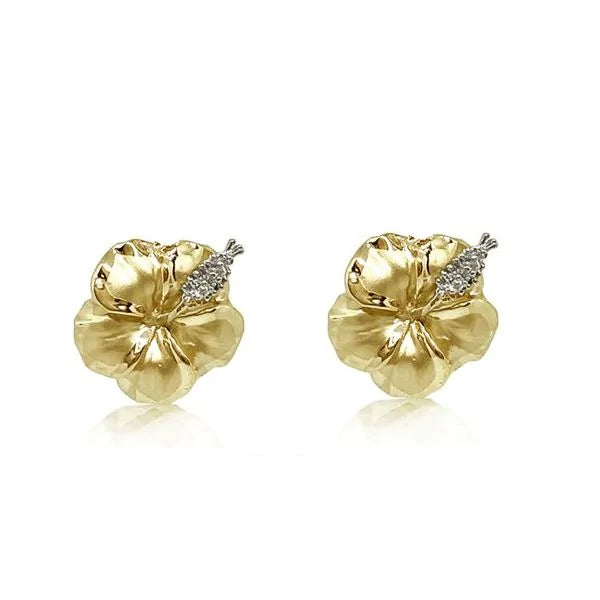 14K Gold Diamond Hibiscus Earrings