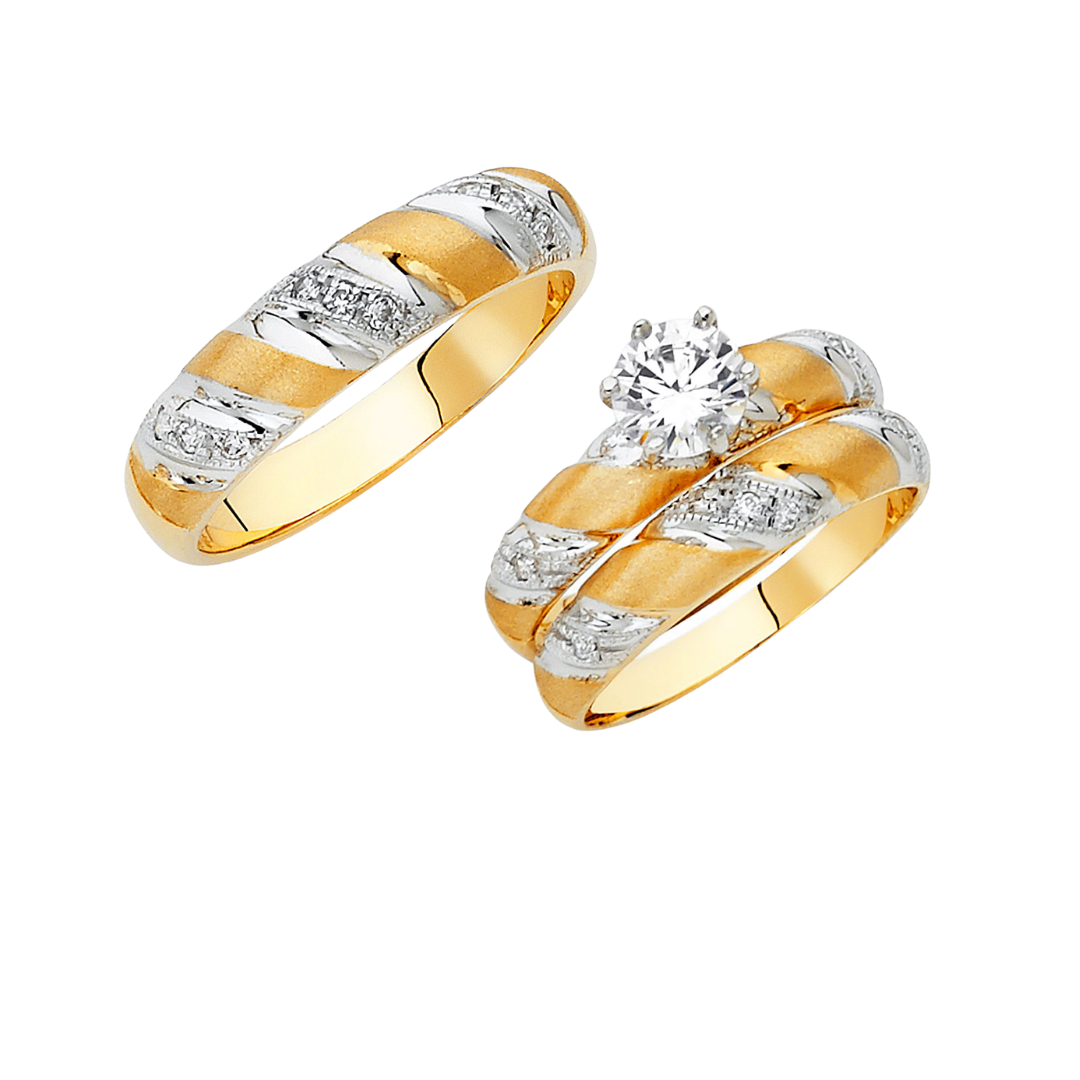 Conjunto de alianza de boda y compromiso en dos tonos de oro macizo de 14 quilates