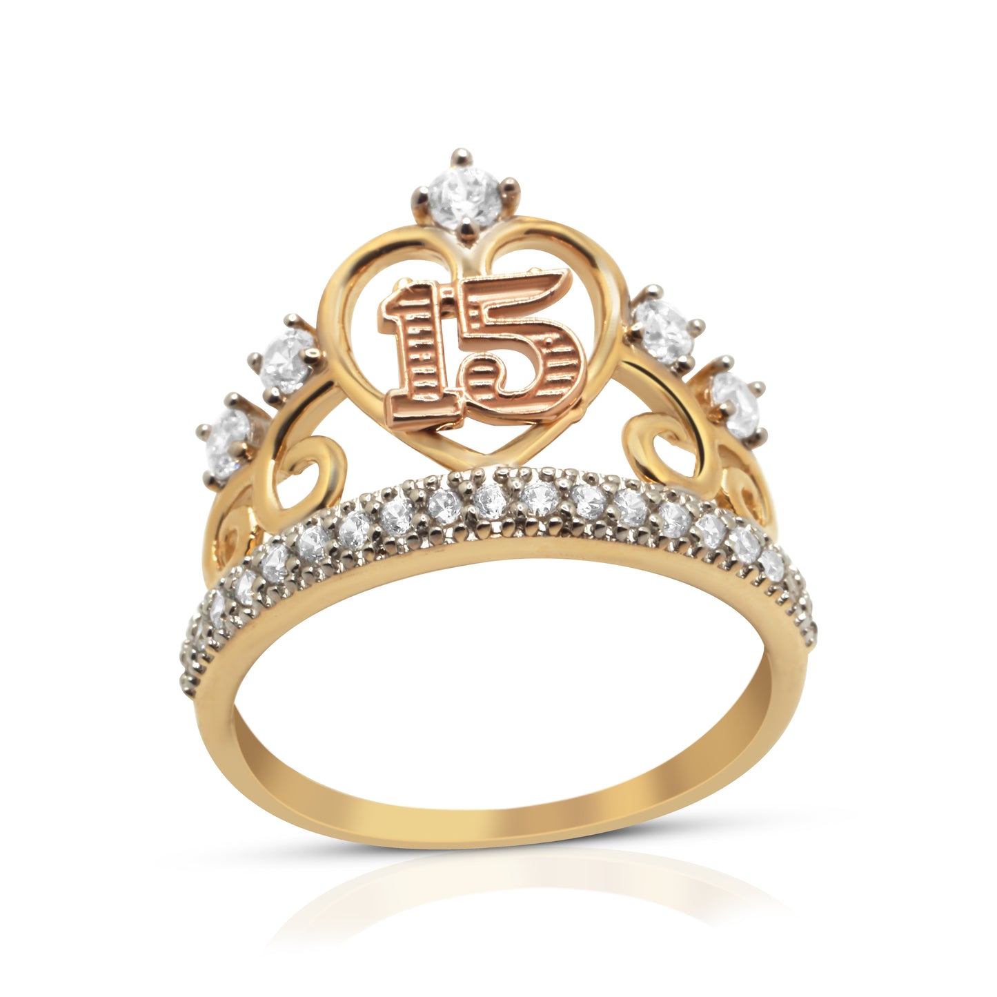 14k solid gold yellow & rose gold quinceañera crown ring with sparkling cubic zirconia