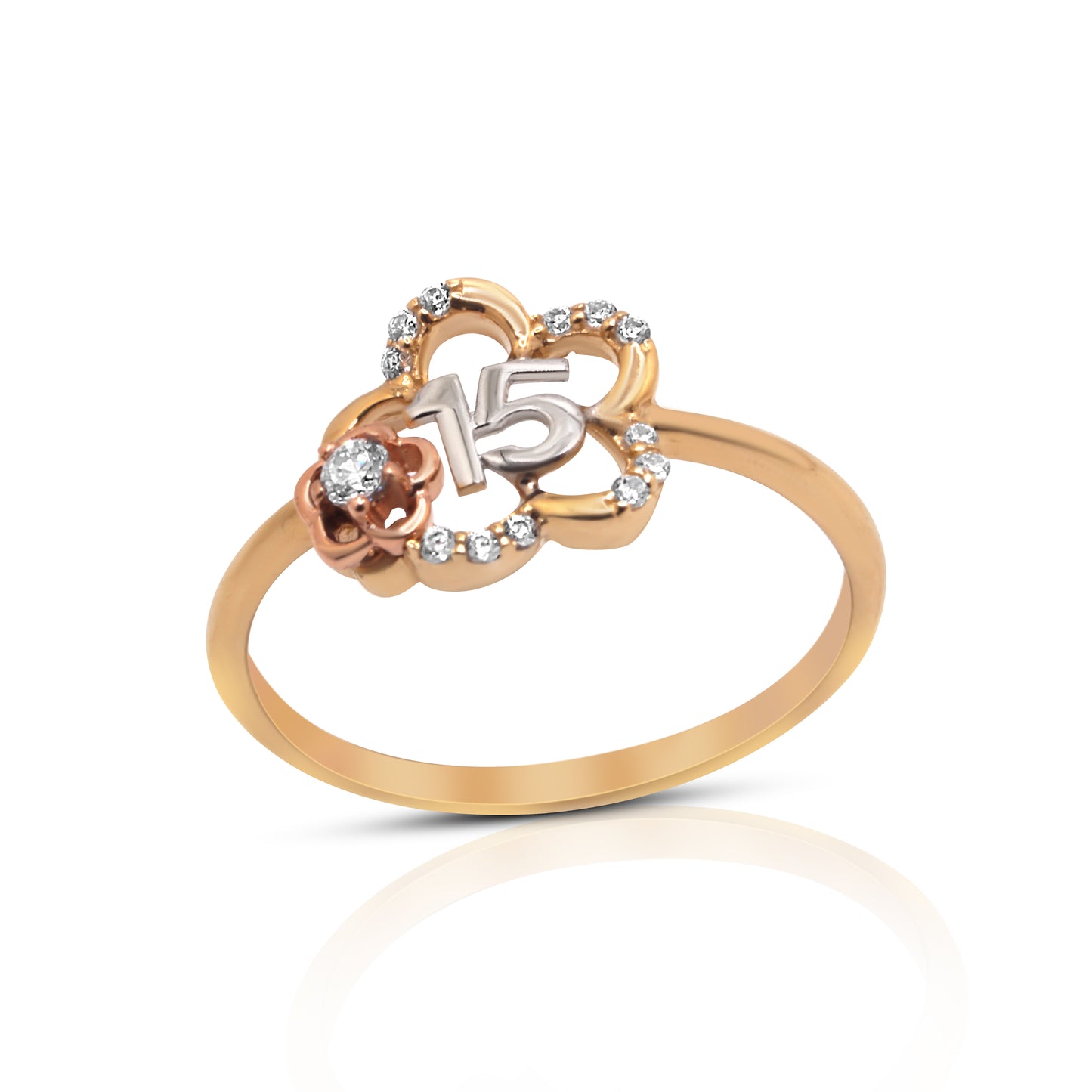14k solid gold yellow & rose gold quinceañera flower ring with sparkling cubic zirconia