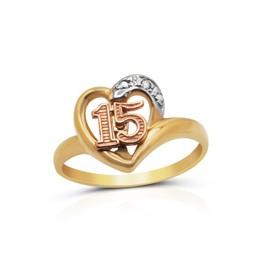 14K Solid Gold Tri-Color Heart Quinceañera Ring in Yellow Gold