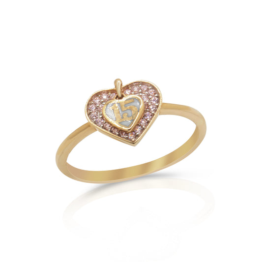 14K Solid Gold Quinceañera Heart Ring with Pink CZ Stones and 15 Charm